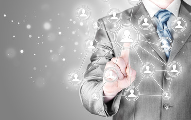 man hand pressing social media icon