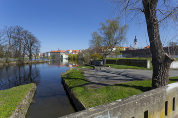 Spring medieval Town Pisek above the river Otava, Czech Republic