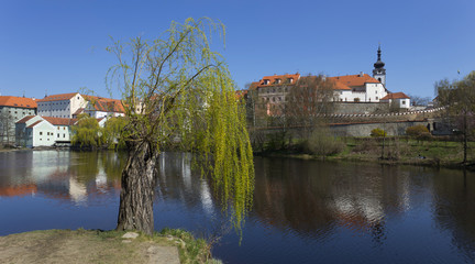 Naklejka na ściany i meble Spring medieval Town Pisek above the river Otava, Czech Republic