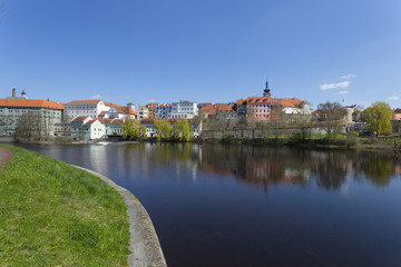 Fototapeta na wymiar Spring medieval Town Pisek above the river Otava, Czech Republic
