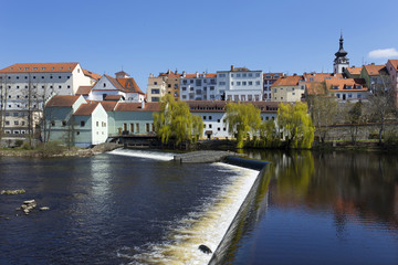 Fototapeta na wymiar Spring medieval Town Pisek above the river Otava, Czech Republic