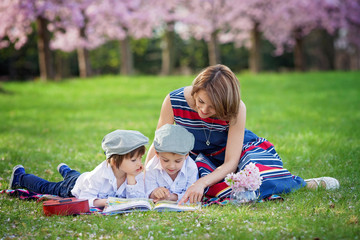 Beautiful portrait of two adorable caucasian boys and mother, re