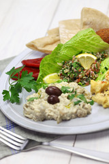 hummus, falafel, baba ghanoush, tabbouleh and pita
