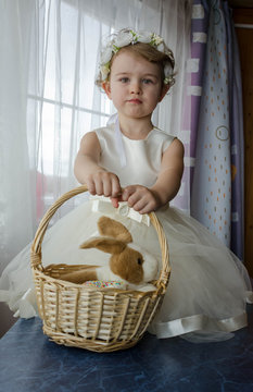 А Little girl in a white dress with a rabbit in a basket