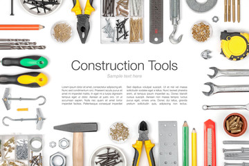 set of tools on white background top view