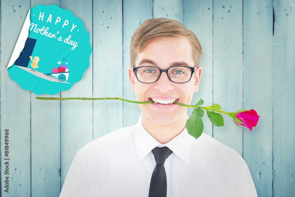 Poster composite image of geeky hipster holding a red rose in his teeth