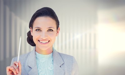 Composite image of happy brunette