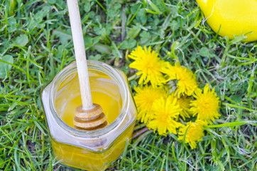 Jar of honey, dipper, lemon and yellow flowers in the grass