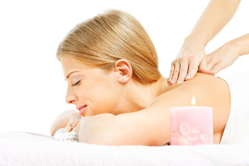 Obraz na płótnie Canvas Young woman having neck massage on spa treatment