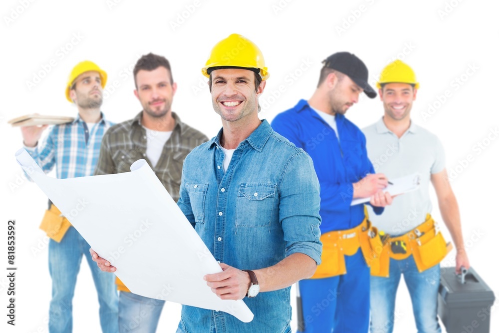 Aufkleber composite image of happy architect holding blueprint in house