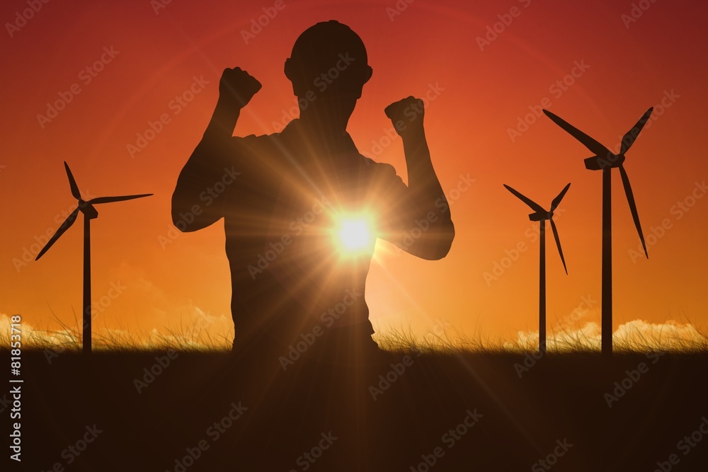 Poster composite image of excited manual worker clenching fists