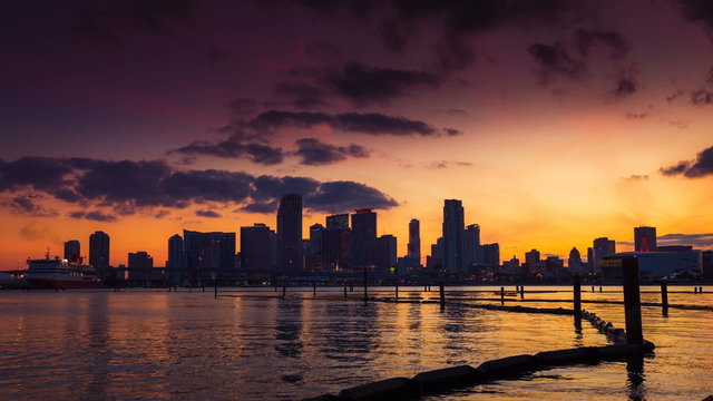 Miami skyline at dusk with clouds dynamic
