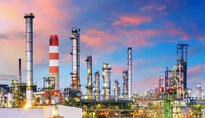 Petrochemical plant at night, oil and gas industrial