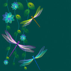 Card with dragonflies on dark green background