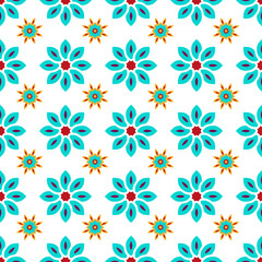 Floral seamless pattern with blue flowers on white background.
