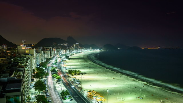 Copacabana Beach street traffic at night, Rio de Janeiro,Brazil