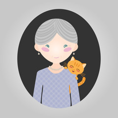 Cat lover character. Vector old lady personage for site.
