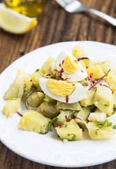 Fresh Organic Potato Salad with Boiled Eggs and Chili Flakes