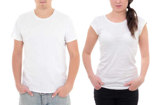 young man and woman in white t-shirts with copy space isolated o