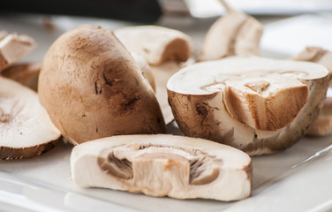 Fresh brown mushrooms on white background