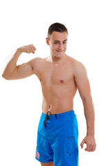 Fototapeta premium Portrait of sporty young muscular male topless shirtless