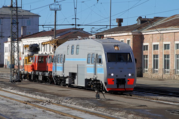 Obraz premium The locomotive is on the tracks