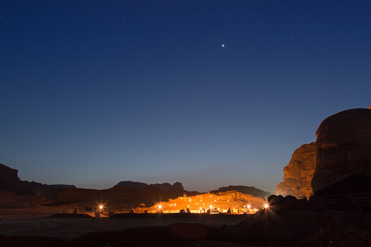 Bedouin camp in the Wadi Rum desert, Jordan, at night