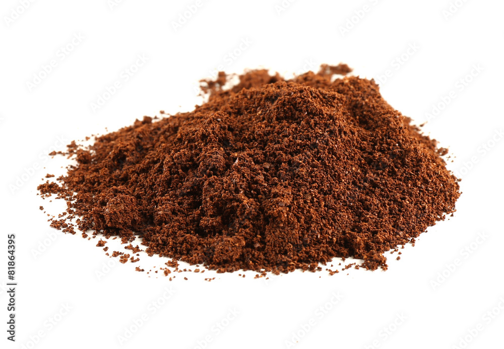 Poster pile of ground coffee isolated on white