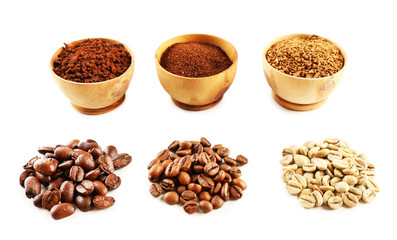 Various of coffee in small dishes isolated on white