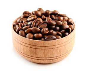 Coffee beans in small bowl isolated on white