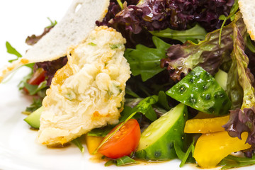 salad vegetables and goat cheese on a white background