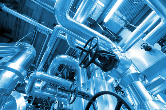 Industrial zone, Steel pipelines in blue tones