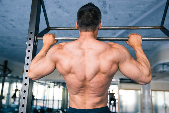 Back view portrait of a muscular man pulling up