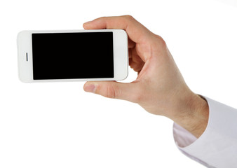 Hand holding mobile smart phone isolated on white