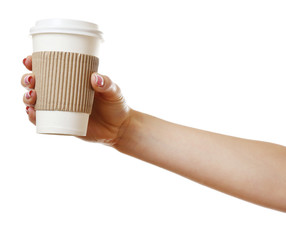 Female hand with paper cup isolated on white