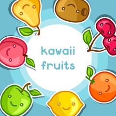 Background with cute kawaii smiling fruits stickers