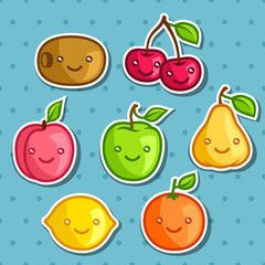 Set of cute kawaii smiling fruits stickers