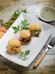 mixed sandwich with smoked salmon bresaola and mozzarella