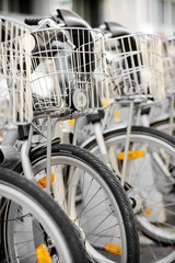 Fototapeta na wymiar City bicycles with front basket
