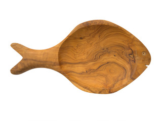 Fish shaped wooden plate isolated on white