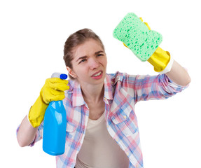 housewife in gloves with sponge and detergent.