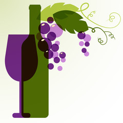Wine bottle, glass, branch of grape with leaves. Abstract vector