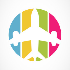 Flight airplane silhouette and colorful stripe background. Trave