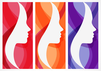 Set of vector abstract background with woman's face silhouette.