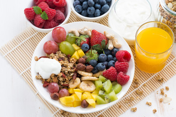 berries, fruits, nuts, granola for delicious healthy breakfast