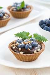 chocolate mousse with blueberries, nuts and mint in tartlets