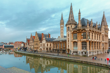Fototapeta na wymiar Quay Graslei in Ghent town at morning, Belgium