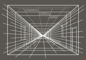 linear sketch of conceptual interior on gray background
