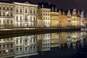 Fototapeta na wymiar Quay Korenlei in Ghent town at night, Belgium