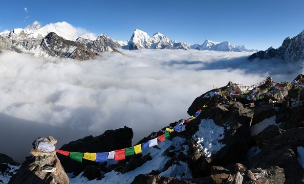 Panoramic view of Mount Everest, Lhotse and Makalu